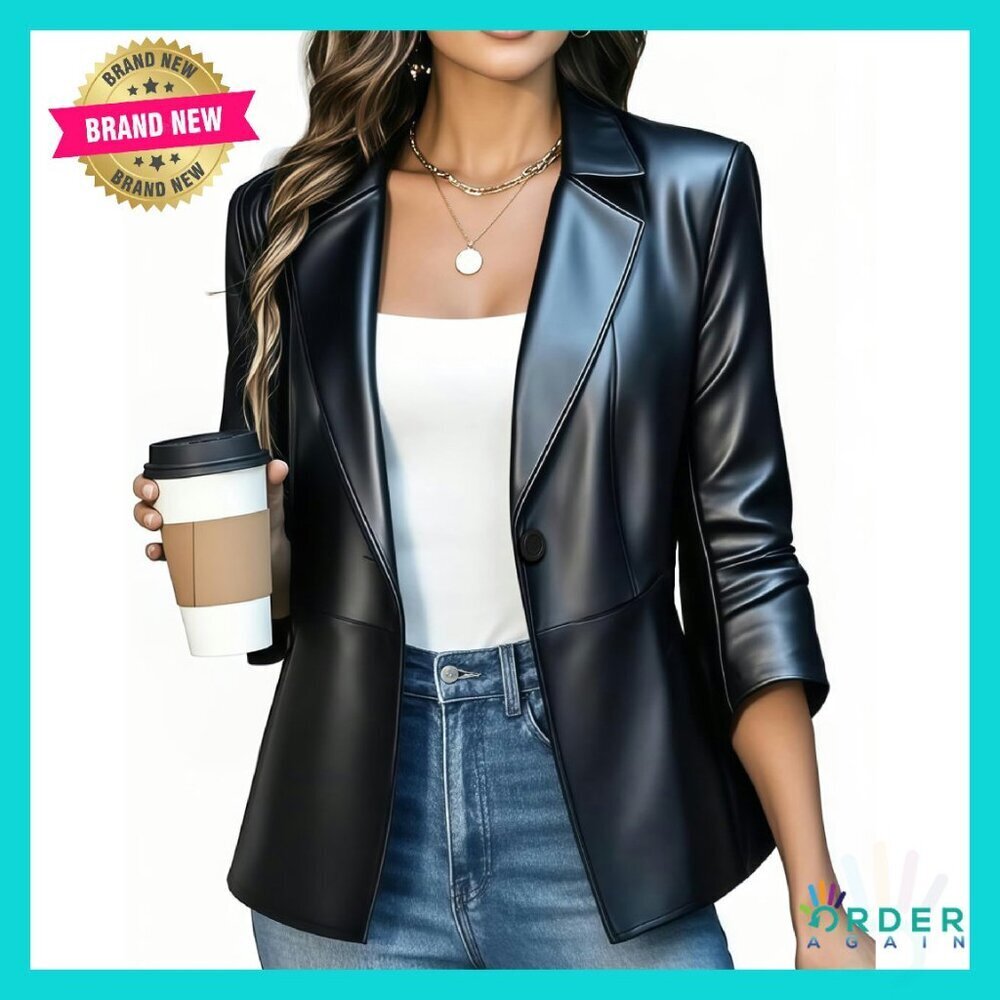 Faux Leather Blazer Slim Fit 3/4 Sleeve Chic Office Work Outfit